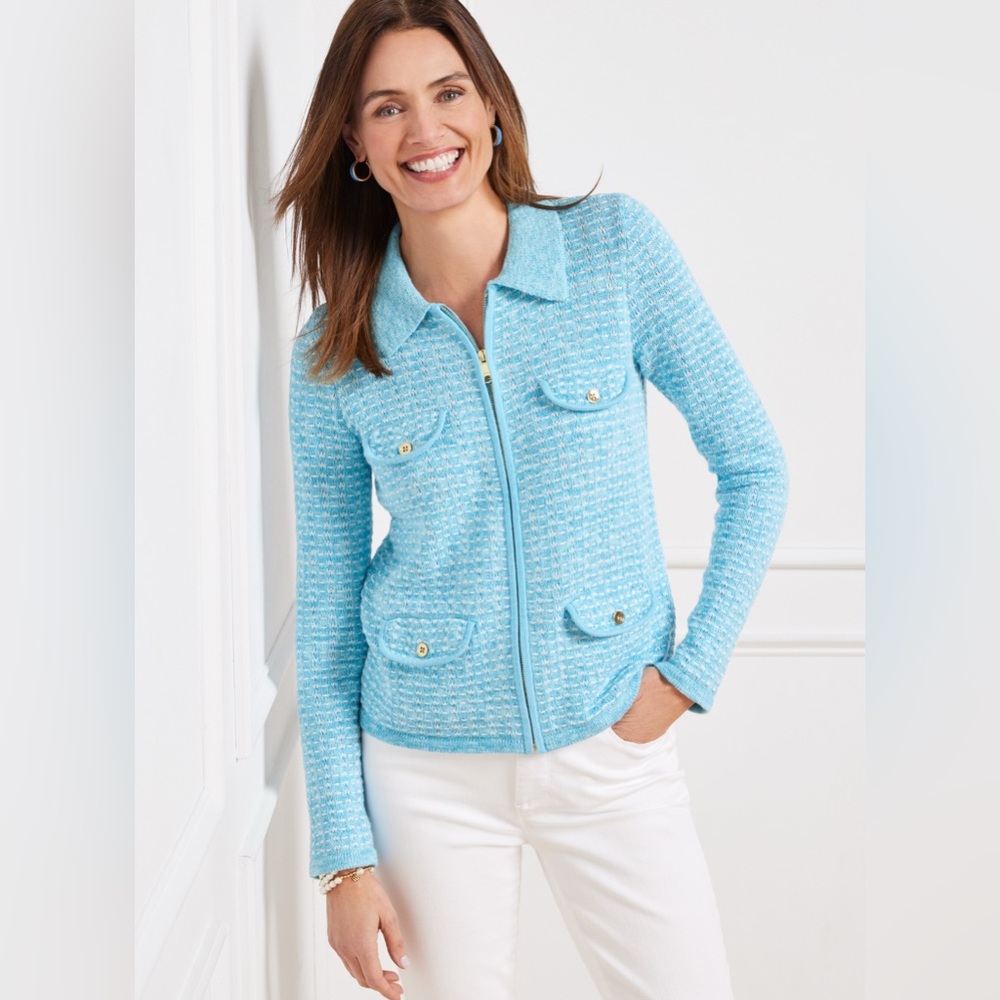 Talbots Collared Dash Stripe Zip Blue Cardigan Size Medium